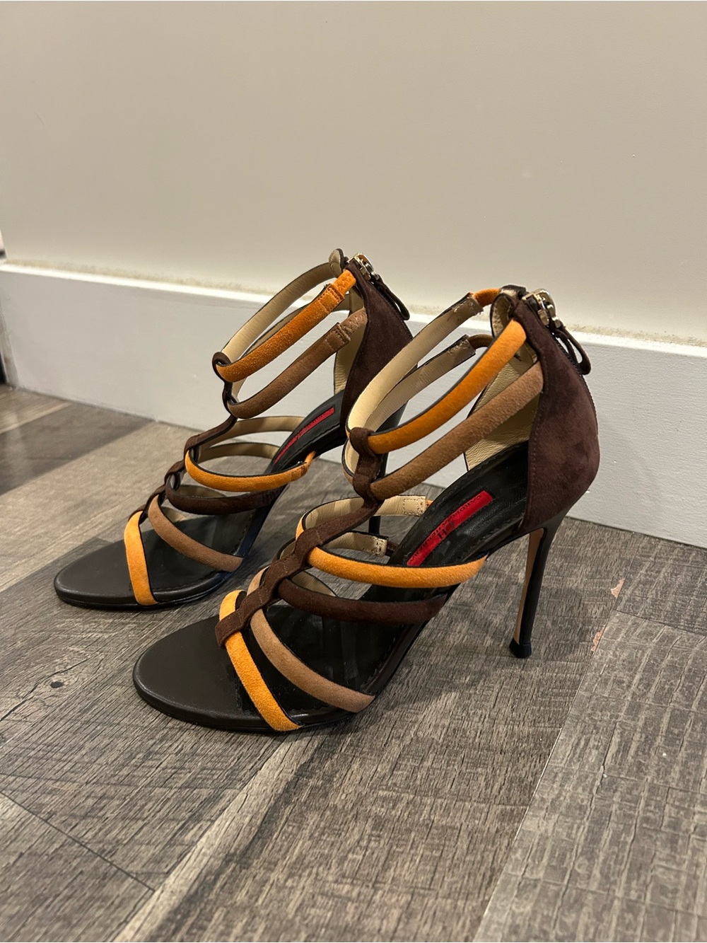 Carolina Herrera Strappy Suede Stiletto Sandals in Brown & Orange
